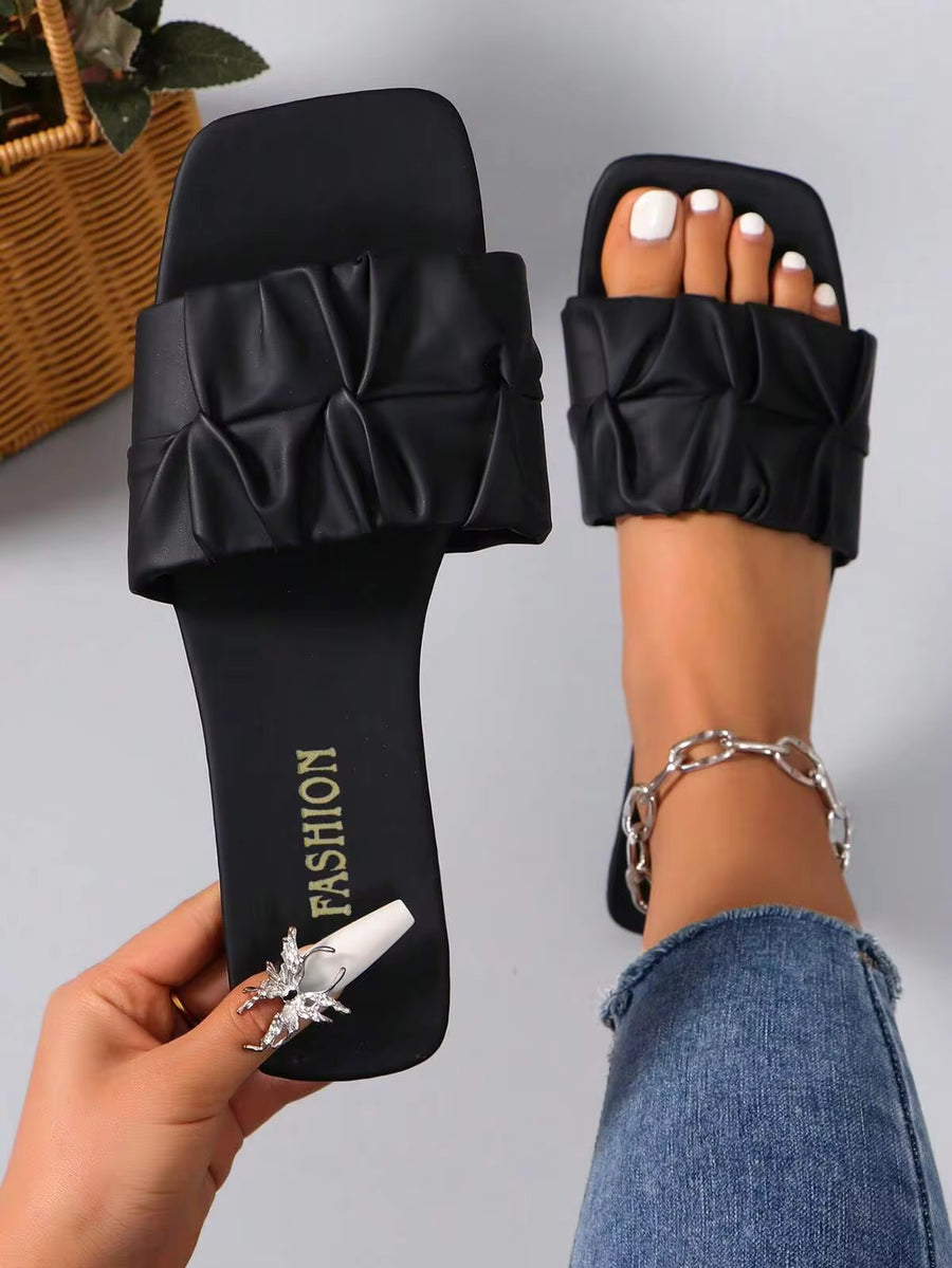 Women's New Summer Fashionable Versatile Non-Slip Flat Comfortable Sandals, Large Size Square Toe Beach Casual Slides, Simple Slip-On Summer Slippers, Wide Fit Shoes