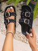 Women's Black Rivet Decor Double Strap Thick Sole Sandals, Casual Street Style Open Toe Slides For Summer Beach Vacation, Fashion Versatile Outdoor Wear