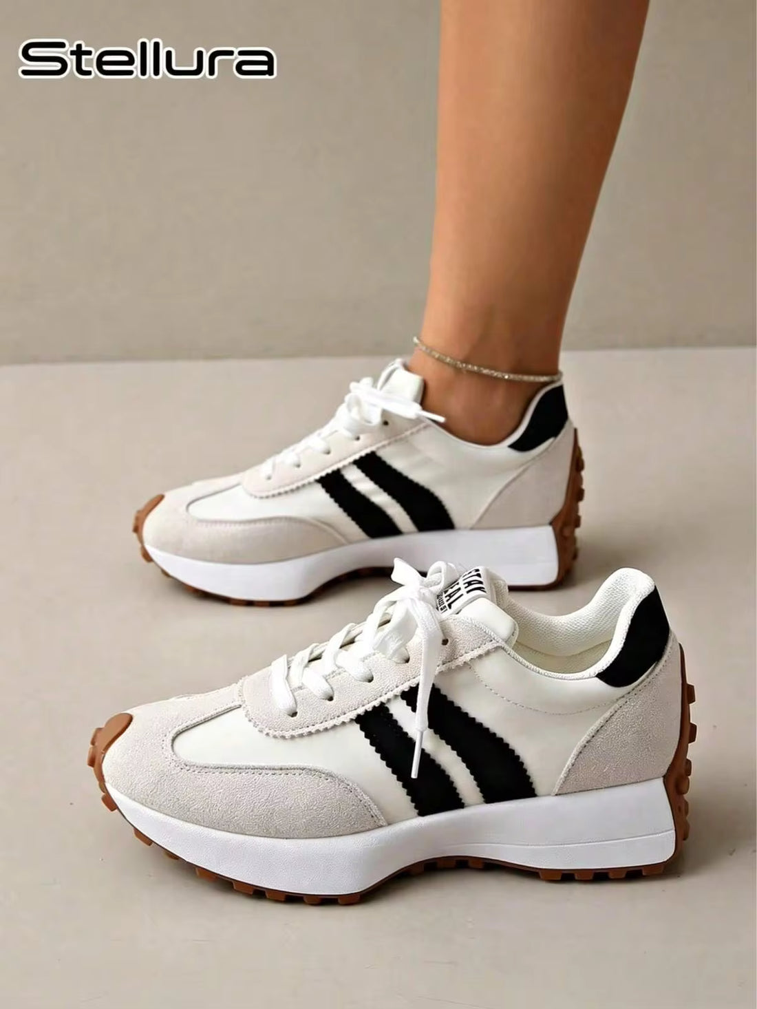 Women's Beige Retro Casual Running Shoes, STAY REAL Logo, Thick Sole, Gum Rubber, Non-Slip, Daily Commuting, Sports And Casual Shoes, Women's Footwear