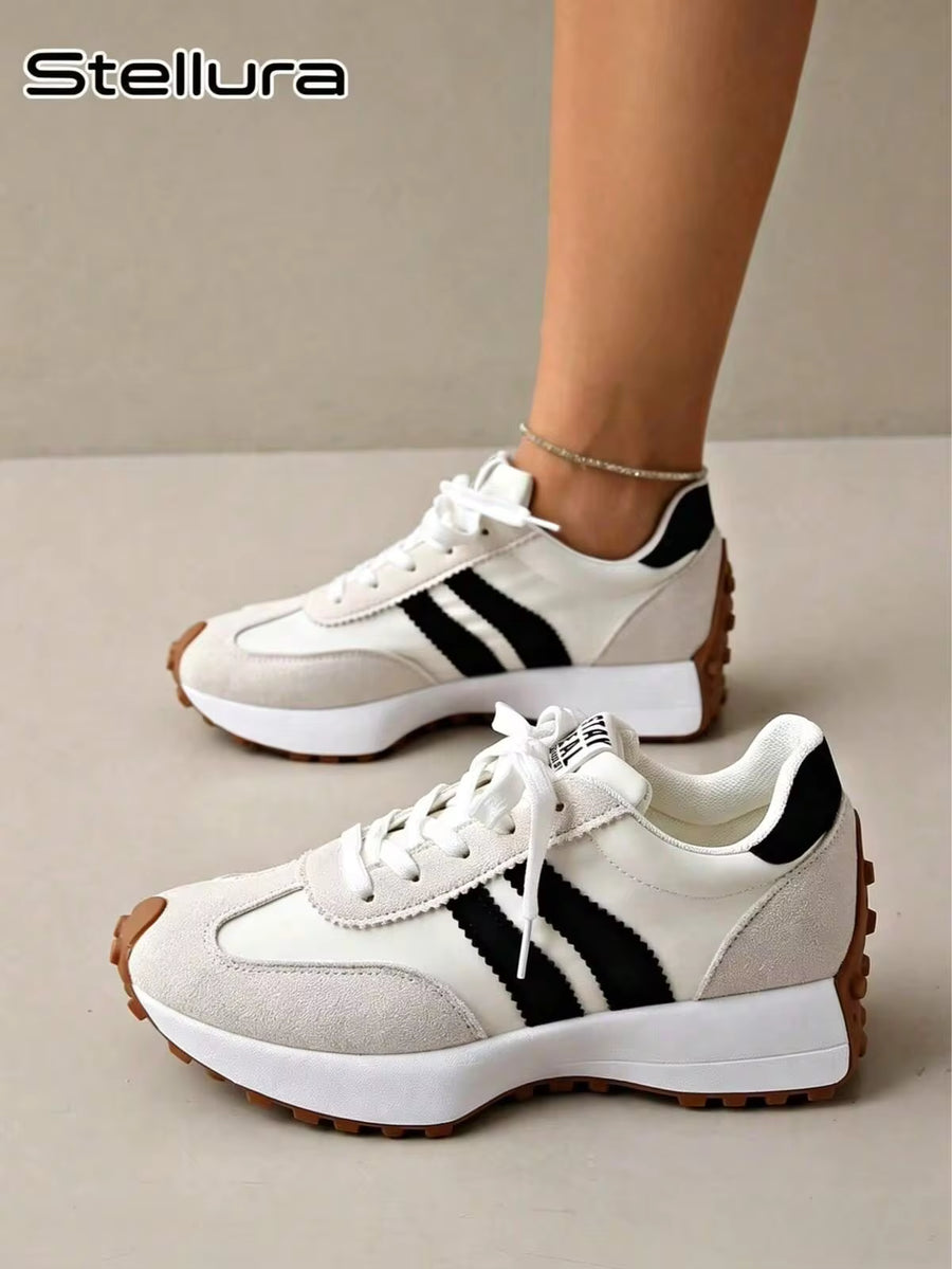Women's Beige Retro Casual Running Shoes, STAY REAL Logo, Thick Sole, Gum Rubber, Non-Slip, Daily Commuting, Sports And Casual Shoes, Women's Footwear